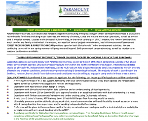 Job Posting: Multiple Positions (Full-time and Seasonal) with Paramount Forestry //